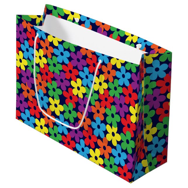 Bunte Blumen auf Marine-Blau-großer Große Geschenktüte (Vorderseite Schrägansicht)