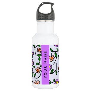 Bunte Blumen, blauer Hintergrund, Lila Edelstahlflasche