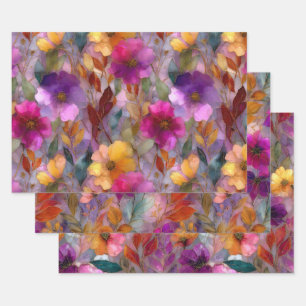 BUNTE BLUMEN DEKORATIVES PAPIER-SET MIT BLEIGLAS-E GESCHENKPAPIER SET