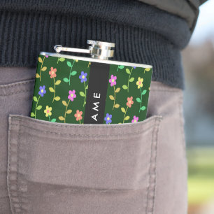 Bunte Blumen, Grüner Hintergrund, Schwarz Flachmann