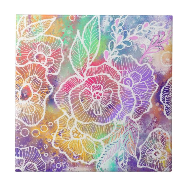 Bunte Blumen Keramikfliese (Vorderseite)