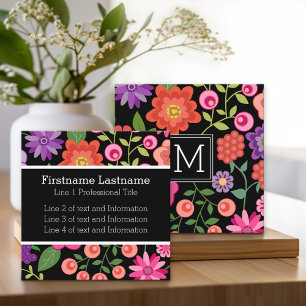 Bunte Blumen mit schwarzem Hintergrund-Monogramm Quadratische Visitenkarte