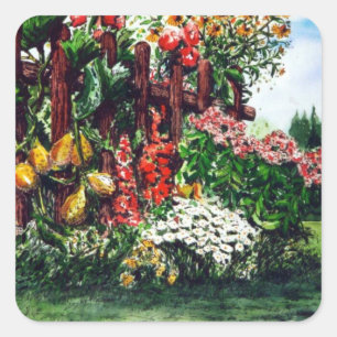 Bunte Blumen und Zaunmalerei-Aufkleber Quadratischer Aufkleber