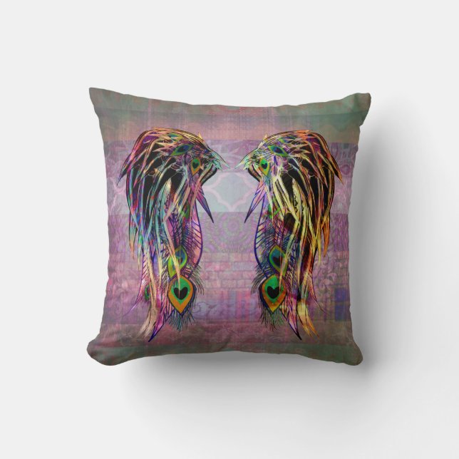 Bunte Bohemische Pfau-Feder-Engels-Flügel Kissen (Vorderseite)