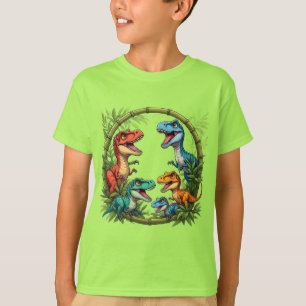 Bunte Cartoon-Dinosaurier im Bambusrahmen T-Shirt