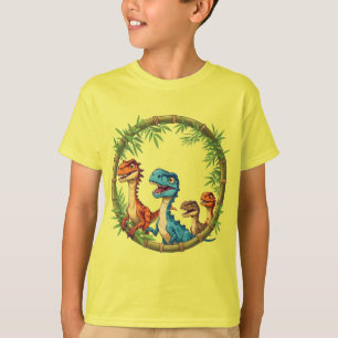 Bunte Cartoon-Dinosaurier im Bambusrahmen T-Shirt