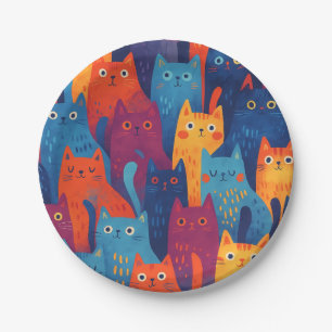 Bunte Cartoon-Katze Muster Süße Whimsical-Katze Pappteller