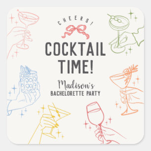 Bunte Cocktailparty Retro Junggesellinnenabschied  Quadratischer Aufkleber