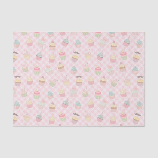 Bunte Cupcakes auf Pink Gingham Seidenpapier (Vorderseite)