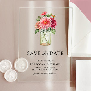Bunte Dahlie Mason Glas Hochzeit Save the Date Acryleinladungen