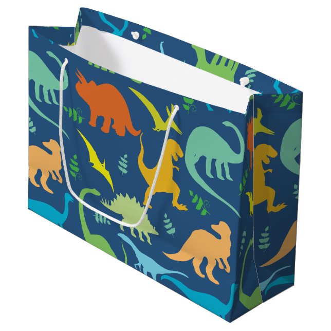Bunte Dinosaurier Große Geschenktüte (Vorderseite Schrägansicht)