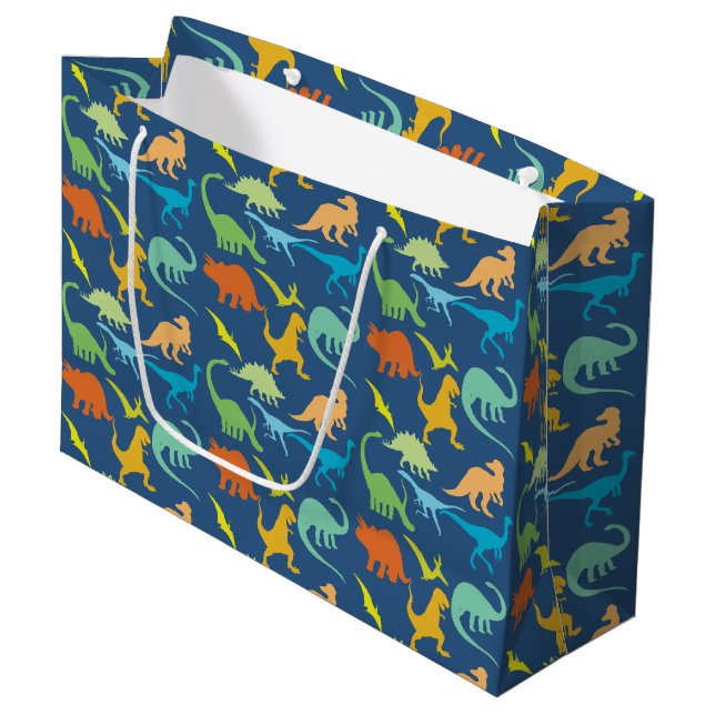Bunte Dinosaurier-Klein Gedrucktes Große Geschenktüte (Vorderseite Schrägansicht)