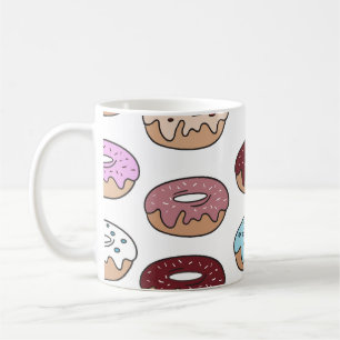 Bunte Doodle-Donuts Hintergrund. Kaffeetasse