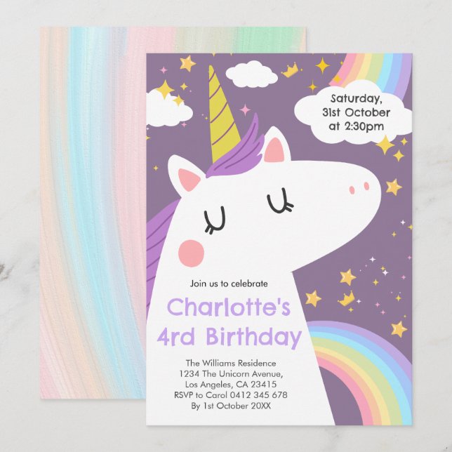 Bunte Einhorn- und Regenbogenfeier Einladung (Vorne/Hinten)