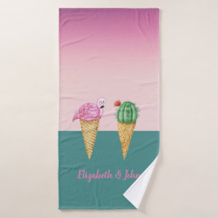 Bunte Eiscreme-Kegel Kaktus Rosa Flamingos Badehandtuch