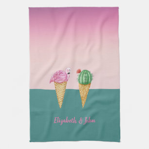 Bunte Eiscreme-Kegel Kaktus Rosa Flamingos Geschirrtuch