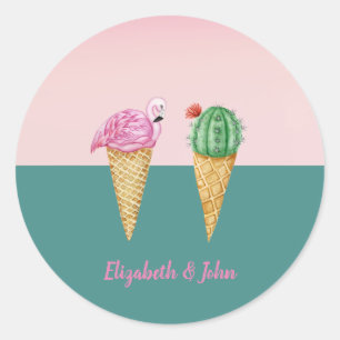 Bunte Eiscreme-Kegel Kaktus Rosa Flamingos Runder Aufkleber