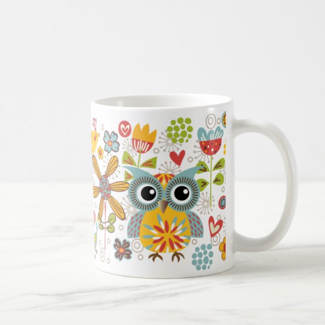 Bunte Eulen und Blumen-glückliche Tasse (Rechts)