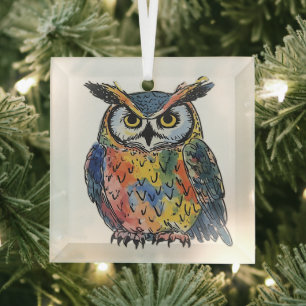 Bunte Eulen-Wasserfarbe Ornament Aus Glas