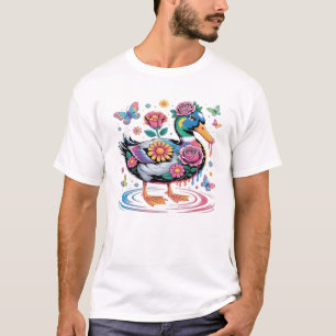 Bunte Fantasie-Ente mit Blumen und Schmetterlingen T-Shirt