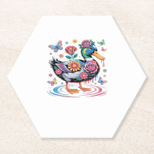 Bunte Fantasie-Ente mit Blumen und Schmetterlingen Untersetzer