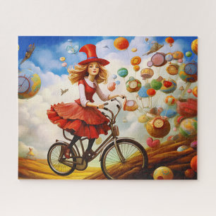 Bunte Fantasie-Imaginations-Girl auf einem Fahrrad