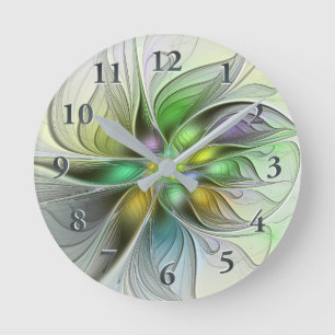 Bunte Fantasy-Blume Moderne Abstrakte Fraktal Runde Wanduhr