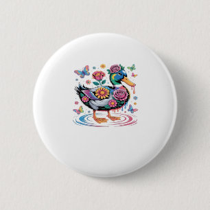 Bunte Fantasy-Ente mit Blumen und Schmetterlingen Button