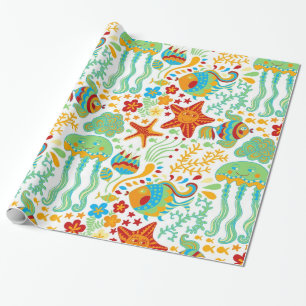 Bunte farbenfrohe aquatische Lebens-Cartoon-Style Geschenkpapier