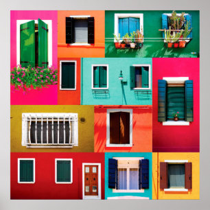 Bunte Fenstersammlung Burano Insel in Italien Poster