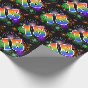 Bunte Feuerwerke + Regenbogen-Muster "15" Ereignis Geschenkpapier