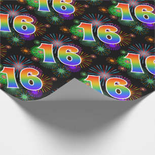 Bunte Feuerwerke + Regenbogen-Muster "16" Ereignis Geschenkpapier