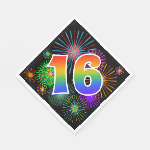 Bunte Feuerwerke + Regenbogen-Muster "16" Ereignis Serviette