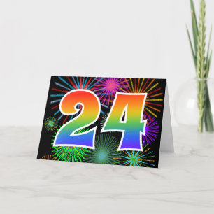 Bunte Feuerwerke + Regenbogen-Muster "24" Ereignis Karte