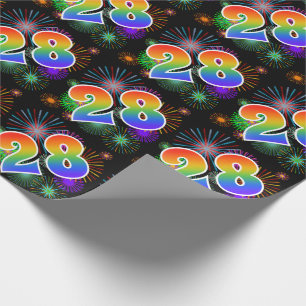 Bunte Feuerwerke + Regenbogen-Muster "28" Ereignis Geschenkpapier