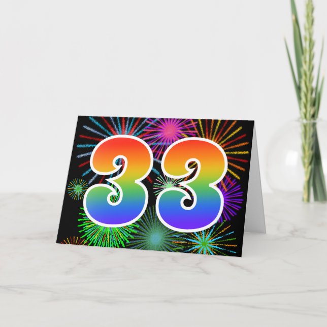Bunte Feuerwerke + Regenbogen-Muster "33" Ereignis Karte (Vorderseite)