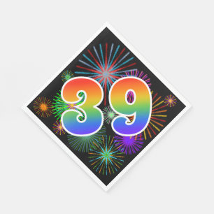 Bunte Feuerwerke + Regenbogen-Muster "39" Ereignis Serviette