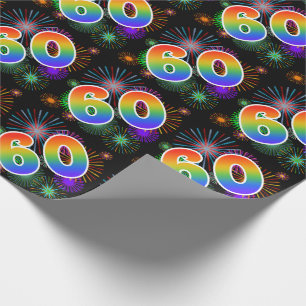Bunte Feuerwerke + Regenbogen-Muster "60" Ereignis Geschenkpapier