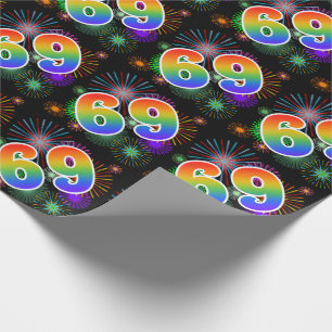 Bunte Feuerwerke + Regenbogen-Muster "69" Ereignis Geschenkpapier