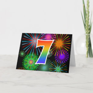 Bunte Feuerwerke + Regenbogen-Muster "7" Event # Karte