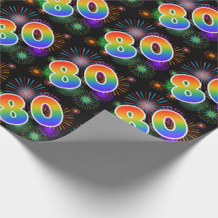 Bunte Feuerwerke + Regenbogen-Muster "80" Ereignis Geschenkpapier