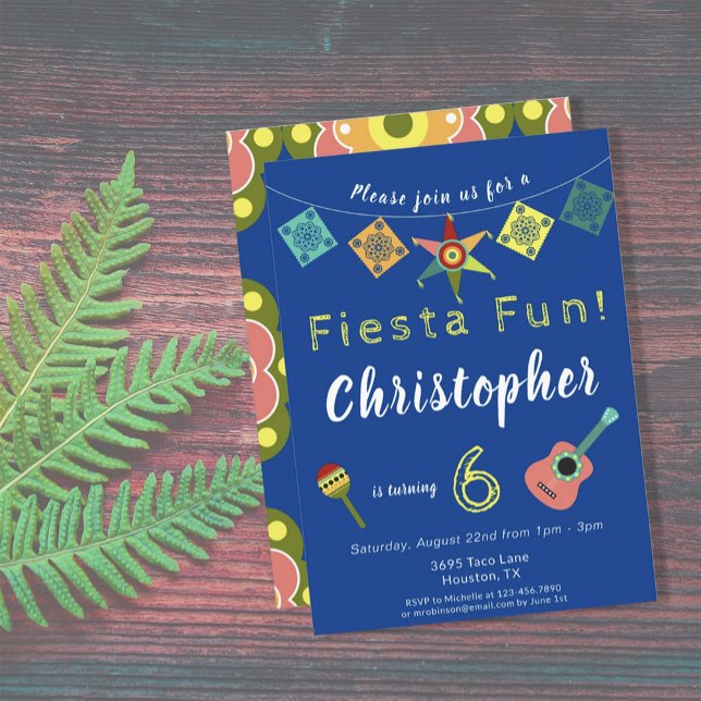 Bunte Fiesta Boys Geburtstagsparty Einladung (FIESTA FUN BLUE BIRTHDAY INVITATION)