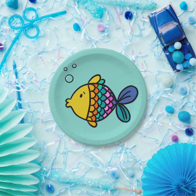 Bunte Fischplatte mit blauem Hintergrund Pappteller (Party)