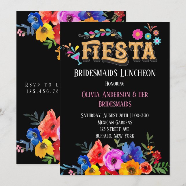 Bunte Florals Fiesta Bridesmaids Luncheon Einladung (Vorne/Hinten)