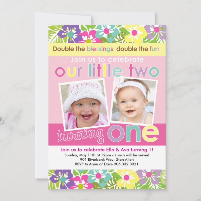 Bunte Florals Twin Girls Erstgeburt Einladung (Vorderseite)