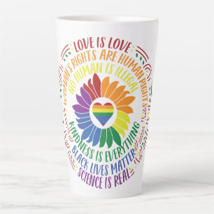 Bunte Flower-Power-Wortkunst für soziale Gerechtig Milchtasse