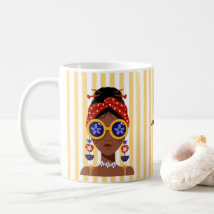 Bunte Frauenkopf-Illustration auf gelbem Postkarte Kaffeetasse