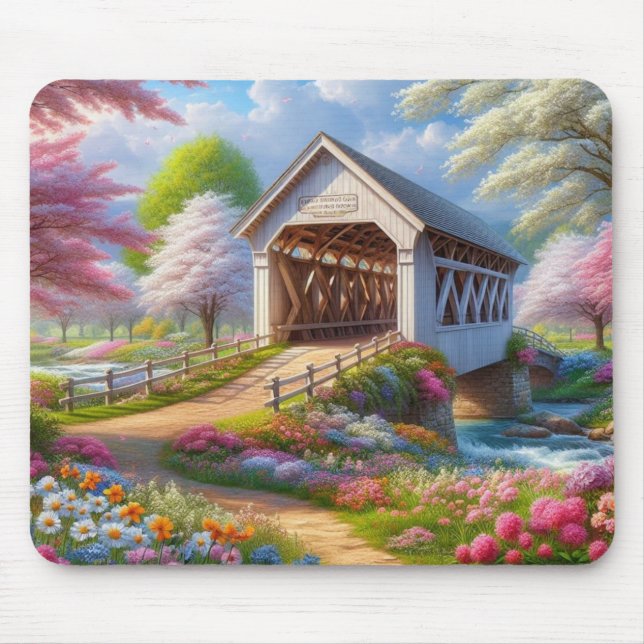 Bunte Frühlings-/blumengeschmückte Brücke & Fluss Mousepad (Vorne)