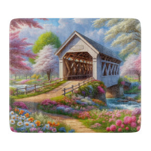 Bunte Frühlings-/blumengeschmückte Brücke & Fluss Schneidebrett