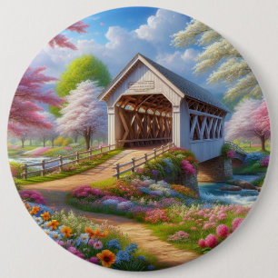 Bunte Frühlings-/blumengeschmückte Brücke und Flus Button